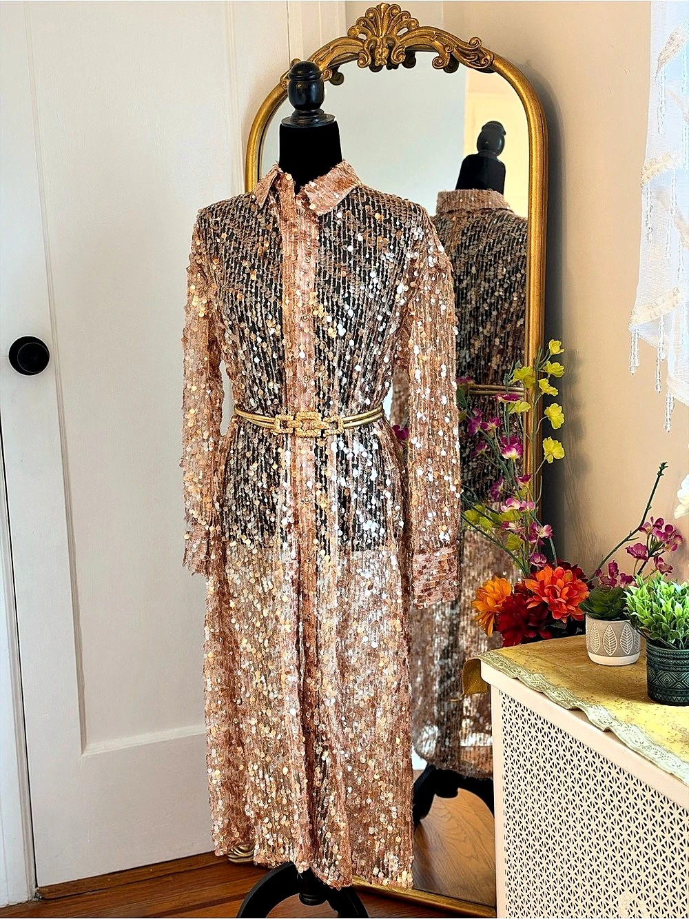 Zara Sequin Maxi shirt Dress in Rose Gold.
